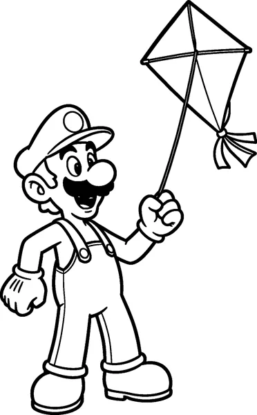 Luigi stands smiling and holds the string of a diamond-shaped kite flying above him.