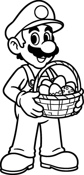 Luigi smiles and carries a woven basket full of decorated Easter eggs in both gloved hands.
