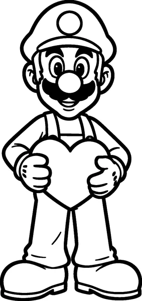 Luigi stands smiling and holds a large heart in front of him with both gloved hands, wearing his cap and overalls.