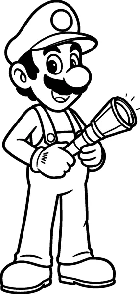 Luigi stands tall and smiles while holding a flashlight in both gloved hands, wearing his cap, overalls with buttons and boots.