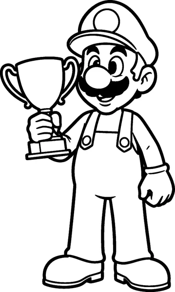 Luigi stands proudly and holds up a large trophy cup with two handles.