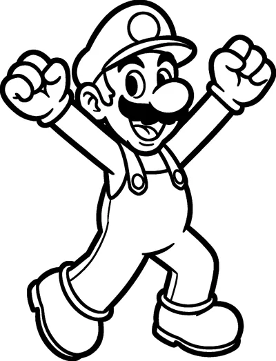 Luigi leaps with both fists raised high and a big open smile, wearing his cap, overalls with buttons and boots.