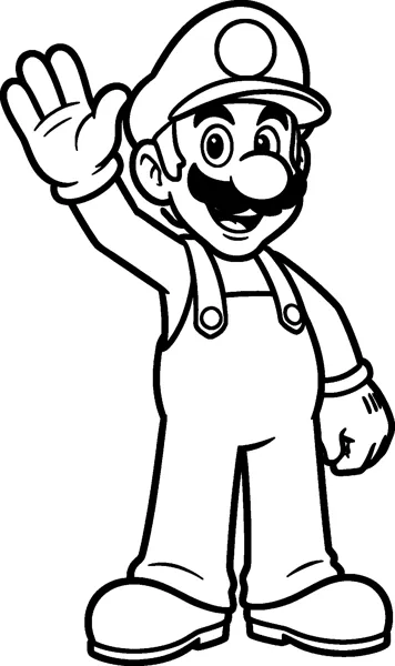 Luigi stands tall and waves one gloved hand with a wide smile, wearing his cap, overalls with buttons and boots.