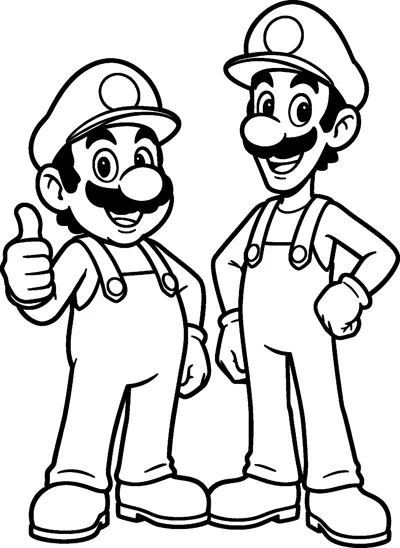 Mario gives a thumbs up beside his taller brother Luigi, who stands with one hand on his hip, both in caps and overalls.