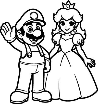 Mario waves one gloved hand while standing beside Princess Peach, who wears a crown, earrings and a long puffy-sleeved gown.