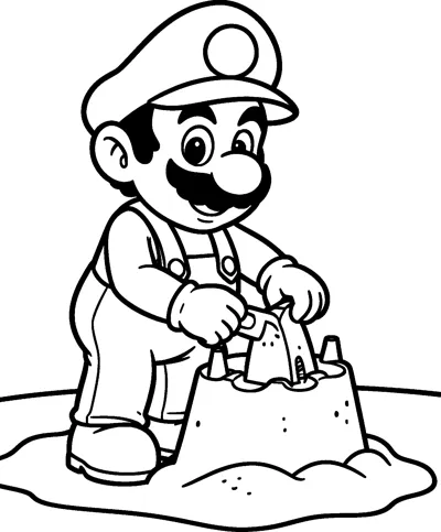 Mario kneels on the beach and shapes a tall sandcastle with his gloved hands.