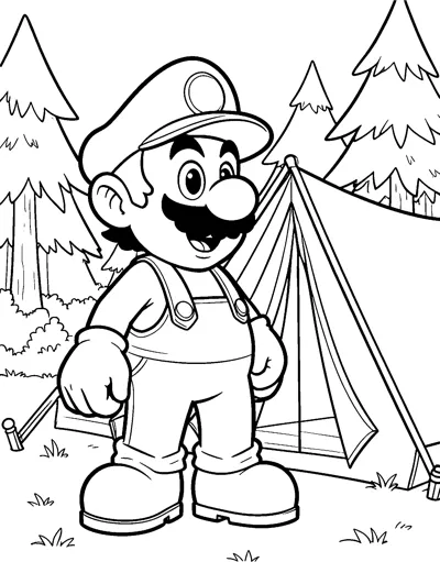 Mario stands beside a camping tent in a forest clearing with tall pine trees and grass around him.