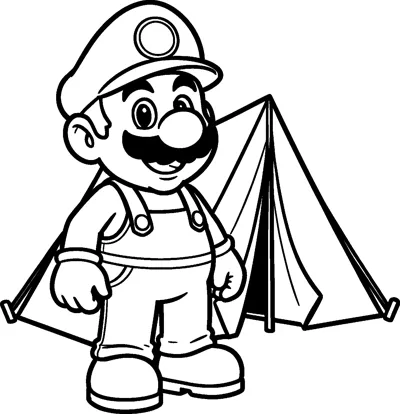 Mario stands smiling beside a pointed camping tent pegged to the ground.