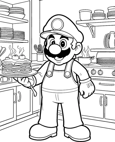 Mario holds a plate piled with pancakes in a busy kitchen with shelves of plates, pots and a cooker.