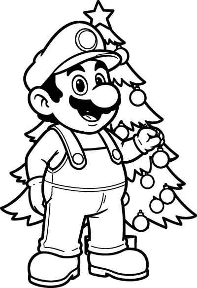 Mario smiles and hangs a round bauble on a tall Christmas tree with a star on top.