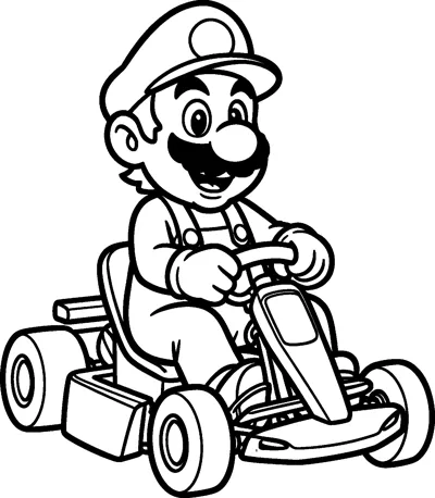 Mario sits in a small go-kart and grips the steering wheel, smiling under his cap, with four chunky wheels around him.