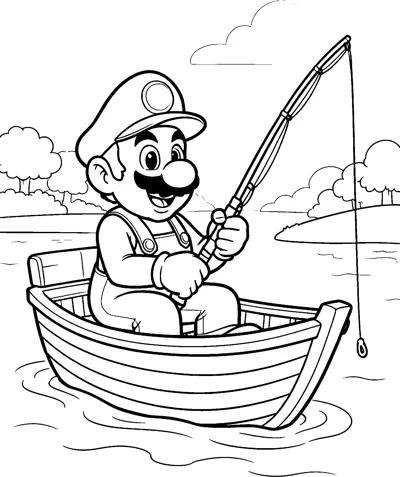 Mario sits in a wooden rowing boat holding a fishing rod, with a lake, trees and clouds behind him.