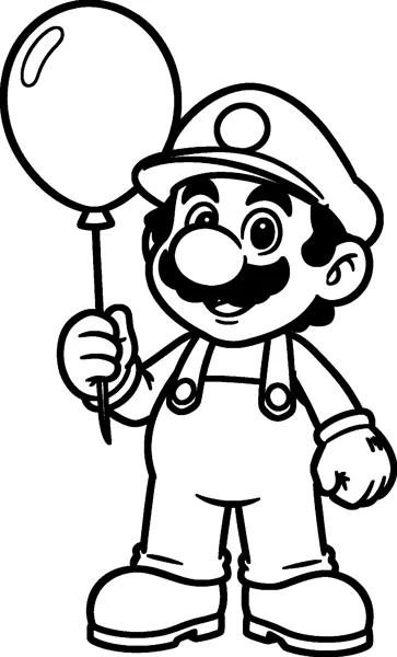 Mario stands smiling and holds the string of a round balloon that floats beside his cap.