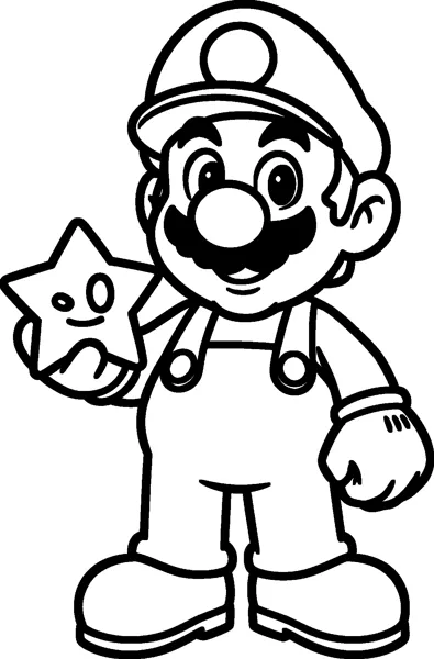 Mario stands smiling and holds a star with two round eyes in one hand, wearing his cap, moustache and overalls.