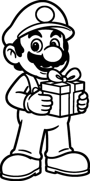 Mario smiles and holds a wrapped present with a big bow in both gloved hands.