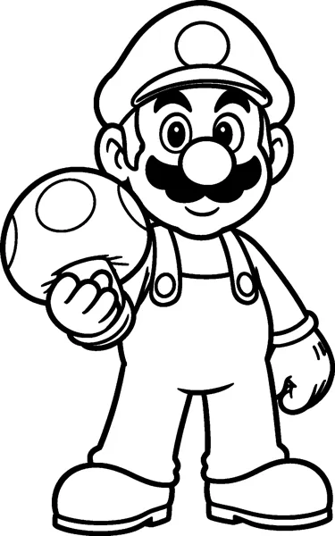 Mario stands smiling and holds up a big spotted mushroom in one gloved hand, wearing his cap, moustache and button overalls.