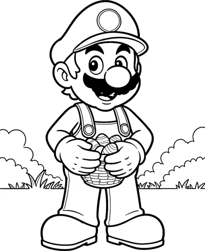 Mario stands in a grassy garden holding a woven basket of Easter eggs, with bushes behind him.