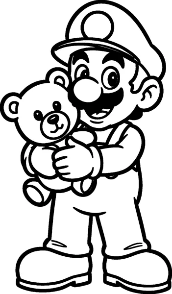 Mario smiles and holds a teddy bear close to his chest with both gloved hands.