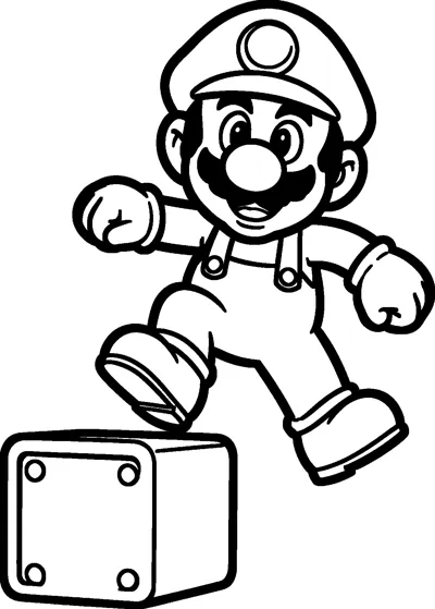 Mario jumps forward with his arms out and one boot above a plain square block with round corner studs.