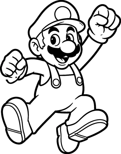 Mario leaps through the air with one fist raised high and his knees bent, showing his cap, moustache, overalls and chunky boots.