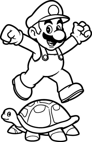 Mario jumps high with both fists up, sailing over a friendly turtle walking below with a patterned shell.