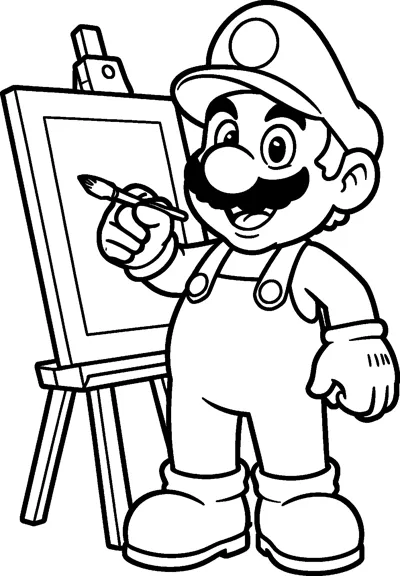 Mario stands beside a wooden easel and dabs a paintbrush on the canvas, smiling under his cap.