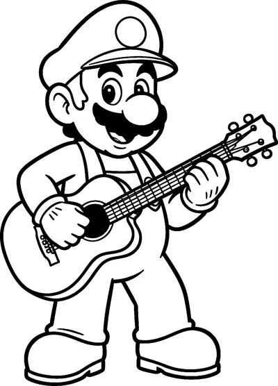 Mario stands with his feet apart and strums an acoustic guitar, singing with his mouth open.