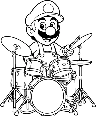Mario sits behind a full drum kit with cymbals and stands, holding drumsticks and smiling.
