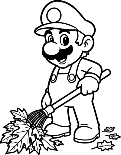 Mario uses a rake to gather a pile of maple leaves, smiling under his cap.