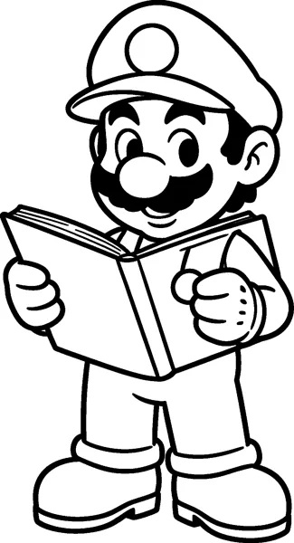 Mario stands smiling and holds an open book in both gloved hands.