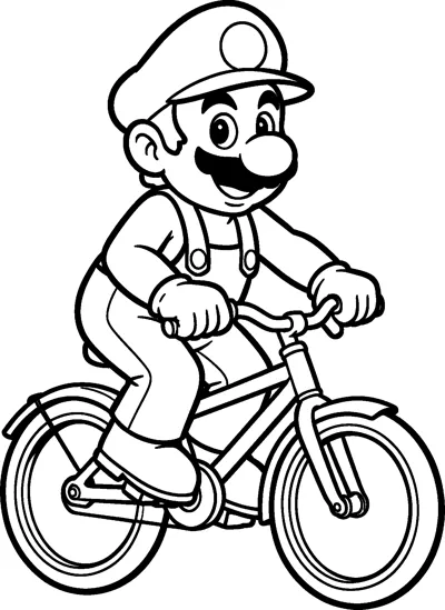 Mario rides a bicycle with both hands on the handlebars and one boot on the pedal, smiling under his cap.