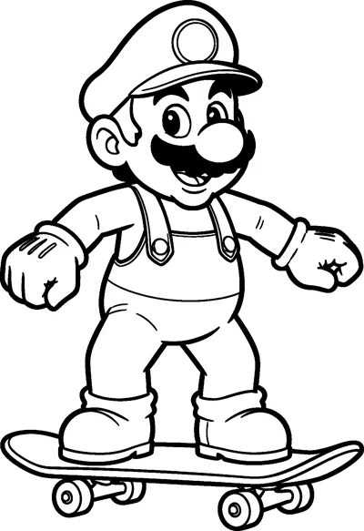 Mario balances on a skateboard with his arms out and a big smile, wearing his cap and overalls.