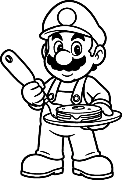 Mario holds a plate stacked with pancakes and a spatula, smiling under his cap.