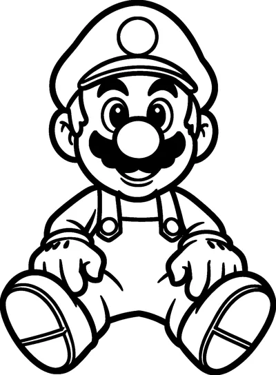 Mario sits on the ground with his legs out and his hands on his knees, smiling under his cap.