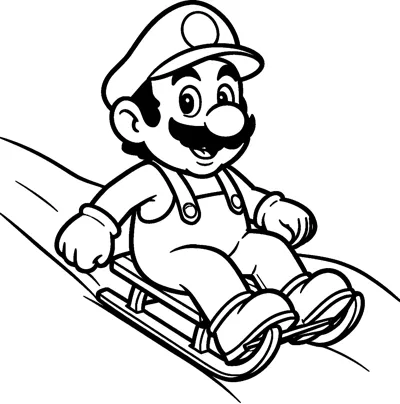Mario rides a wooden sled down a snowy slope, smiling with both hands holding the sides.