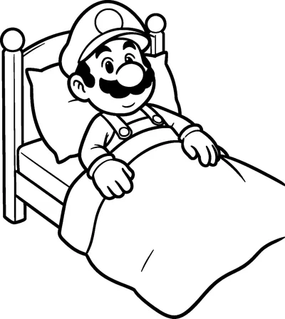Mario lies in a wooden bed with his head on a pillow and a big blanket pulled up to his chest.