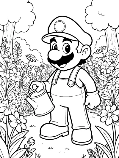 Mario pours water from a watering can in a lush garden full of daisies, tall plants and leafy trees.