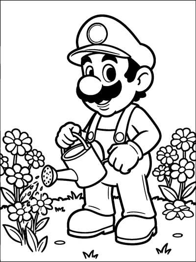 Mario holds a watering can and sprinkles water on a row of daisies in the garden.