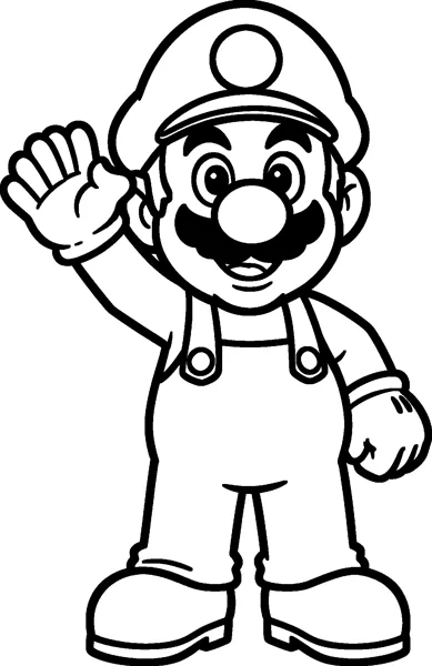 Mario stands facing forward and waves one gloved hand, wearing his cap with a round badge, overalls with two buttons and big boots.