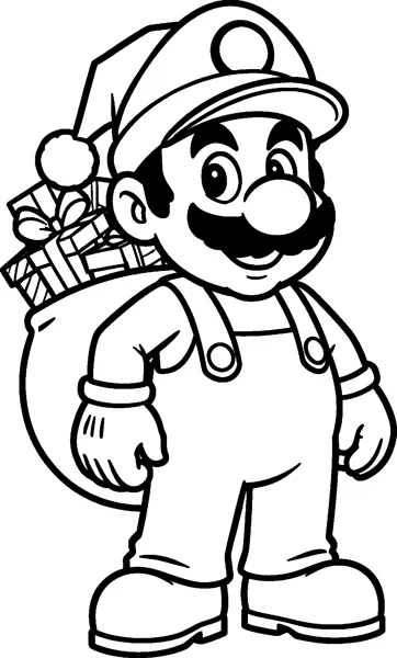 Mario stands smiling in a Santa hat with a bobble, carrying a big sack full of wrapped presents on his back.