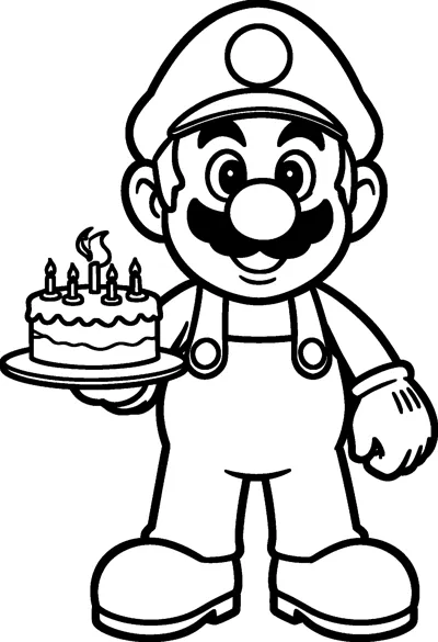 Mario stands smiling and holds a birthday cake with lit candles on a plate in one hand.