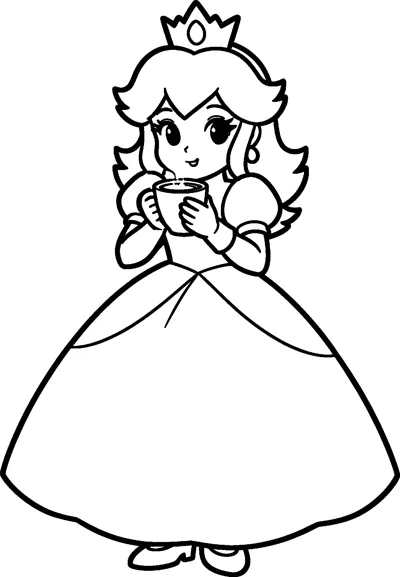 Princess Peach holds a steaming cup of hot cocoa in both hands, wearing her crown, earrings and long gown.