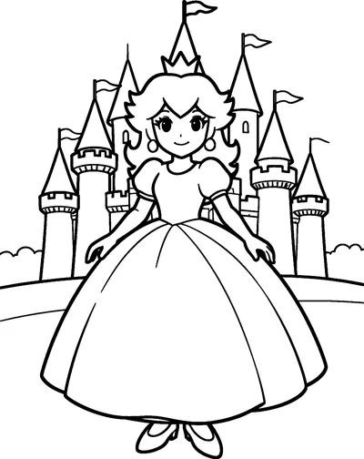 Princess Peach stands in a wide ball gown and crown in front of a tall castle with pointed towers and flags.