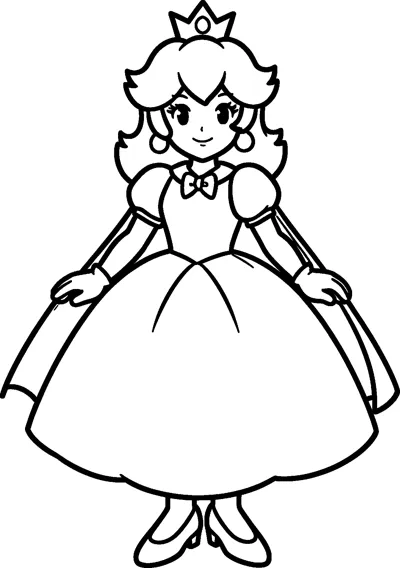 Princess Peach stands in her crown and full gown with a flowing cape draped from her shoulders.
