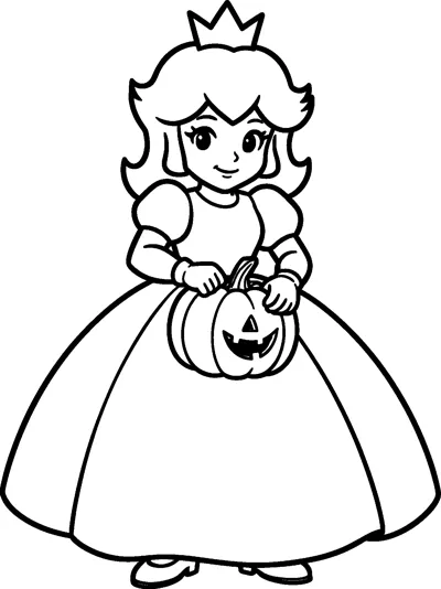 Princess Peach stands in her crown and full gown, holding a carved jack-o'-lantern with a smiling face.