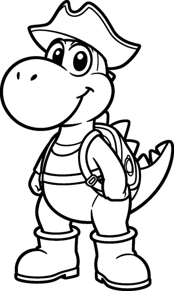 Yoshi wears a pirate hat and striped shirt, standing in tall boots with his saddle on his back.