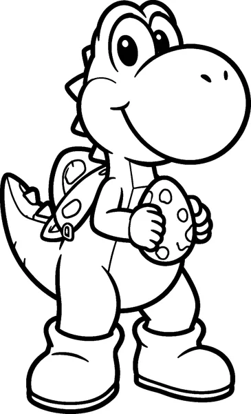 Yoshi stands in his boots holding a large spotted egg in both hands, with a saddle on his back and a big smile.