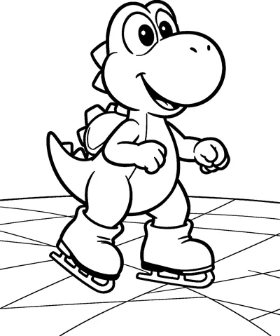 Yoshi glides on ice skates across a frozen pond, smiling with his saddle on his back.