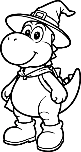 Yoshi wears a pointed witch hat with a buckle and a little cape for Halloween, smiling in his boots.