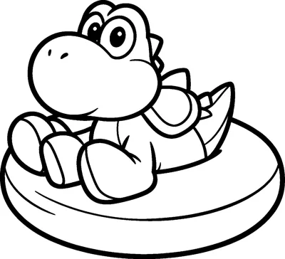 Yoshi sits back on a big inflatable rubber ring with his legs up, smiling with his round snout.
